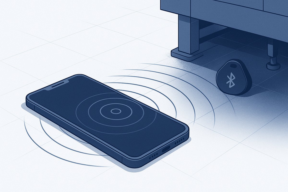 A phone lying on a floor sweeping scan rings toward a small Bluetooth tag under a cabinet